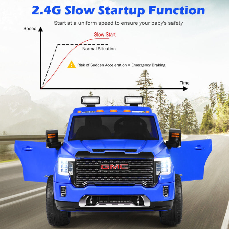 Load image into Gallery viewer, Licensed GMC 2-Seater Kids Ride On Truck with RC Control and Storage Box - Blue
