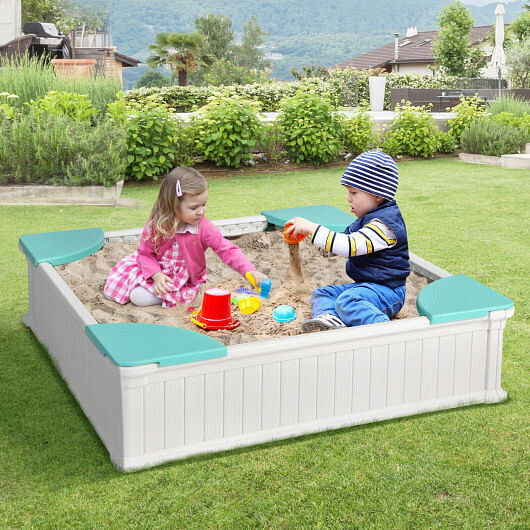 White Outdoor Sandbox with Oxford Cover and 4 Corner Seats for Kids
