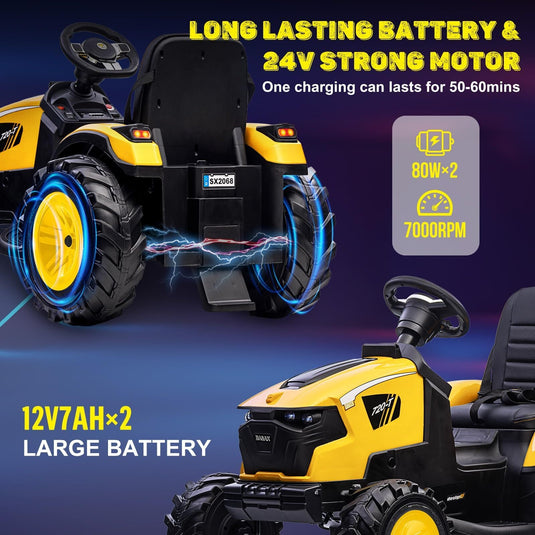 24V Electric Ride-On Tractor with Excavator, Trailer, and Digger Attachments