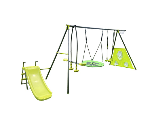 Six-Function Green and Blue Metal and Plastic Swingset with Net Swing