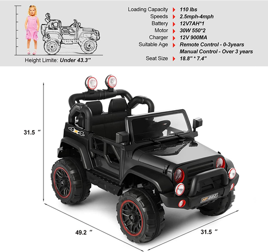 2 Seater Electric Ride-on Truck with Car Cover and Parental Remote Control - 12V Kids Vehicle