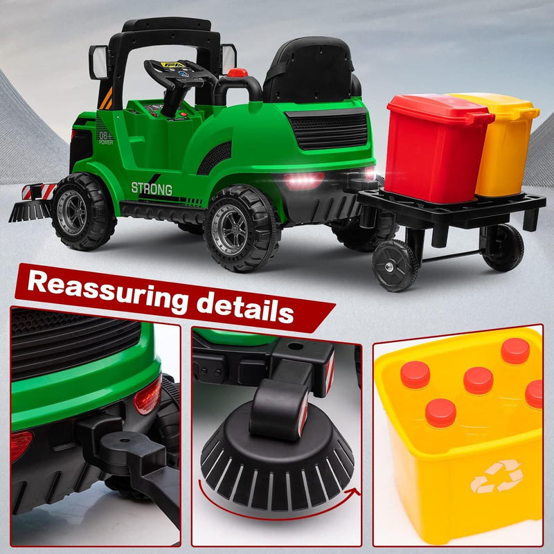 Load image into Gallery viewer, 12V Kids Ride-On Construction Sweeper Truck with Trailer and Rubbish Bin Toy Car
