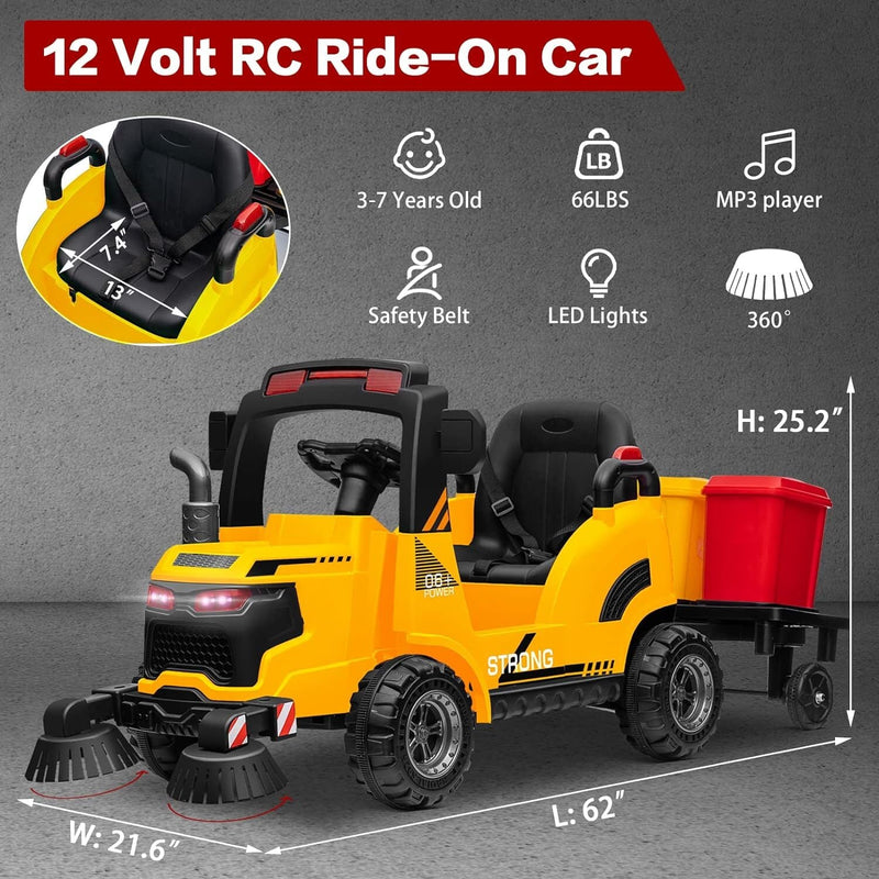 Load image into Gallery viewer, 12V Kids Ride-On Construction Sweeper Truck with Trailer and Rubbish Bin Toy Car
