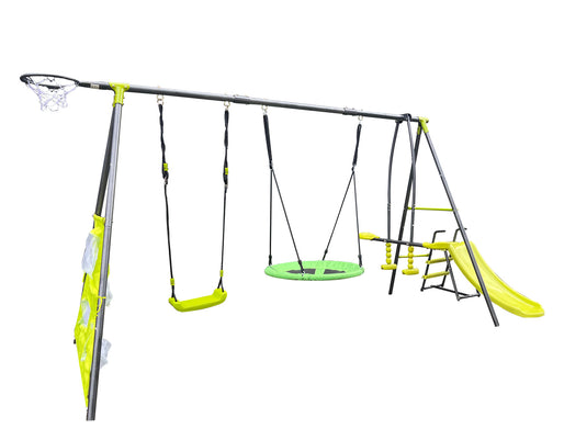 Six-Function Green and Blue Metal and Plastic Swingset with Net Swing