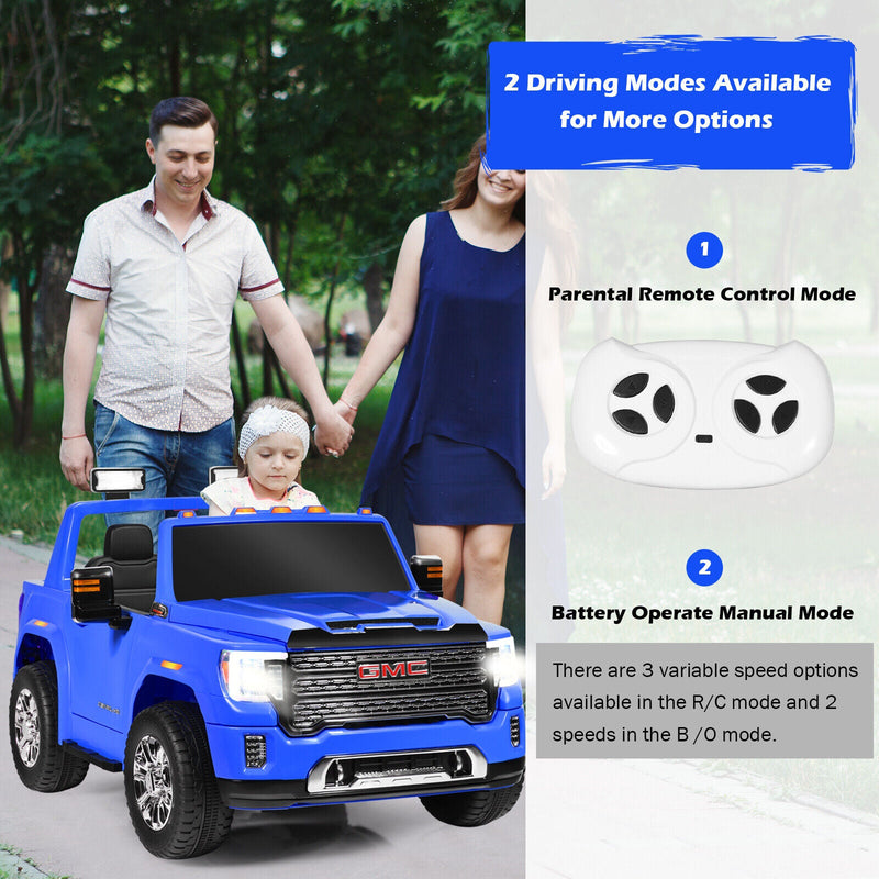Load image into Gallery viewer, Licensed GMC 2-Seater Kids Ride On Truck with RC Control and Storage Box - Blue
