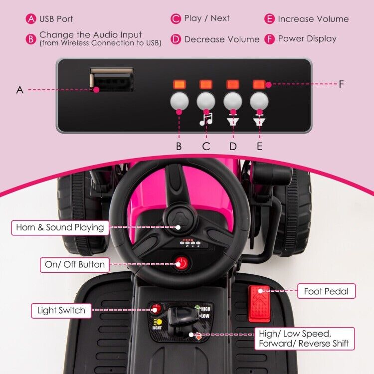 Load image into Gallery viewer, 12V Electric Pink Tractor with Remote Control, Music, and LED Lights for Kids
