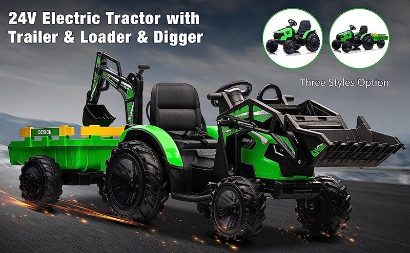 Load image into Gallery viewer, 24V Battery-Powered Tractor with Trailer Loader &amp; Digger Remote-Control Ride-on Vehicle
