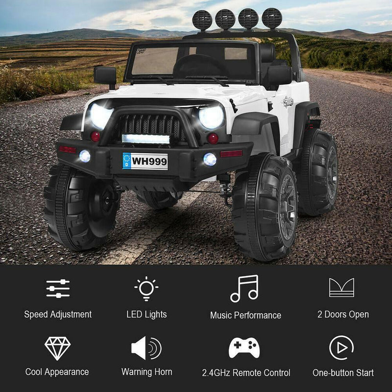 Load image into Gallery viewer, 12-Volt White Ride-On Car Truck for Kids with RC Control, LED Lights, Music, and Trunk
