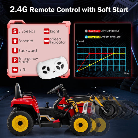 12V Electric Tractor for Kids with Remote Control, LED Lights, and Music - Red