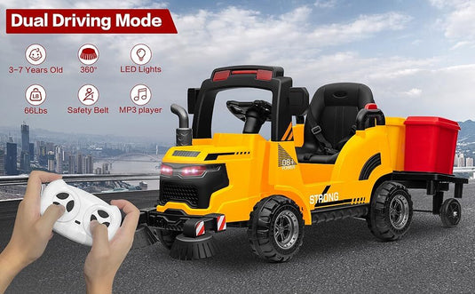 12V Kids Ride-On Construction Sweeper Truck with Trailer and Rubbish Bin Toy Car
