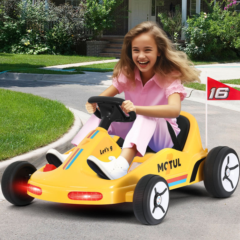 Load image into Gallery viewer, Yellow 12V Battery-Powered Kids Electric Ride-On Go-Kart with 3 Speeds, Music, and Remote Control
