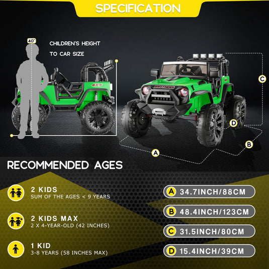 Electric 2 Seater Kids Ride On Truck with Remote Control and Powerful 200W Motors - 3 Speed Options and Long-Lasting Battery