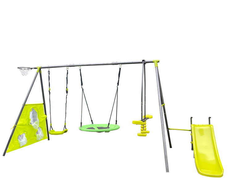 Load image into Gallery viewer, Six-Function Green and Blue Metal and Plastic Swingset with Net Swing
