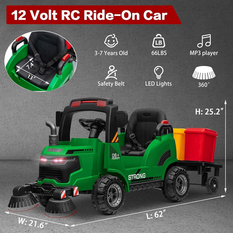 Load image into Gallery viewer, 12V Kids Ride-On Construction Sweeper Truck with Trailer and Rubbish Bin Toy Car
