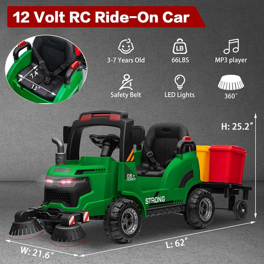 12V Kids Ride-On Construction Sweeper Truck with Trailer and Rubbish Bin Toy Car