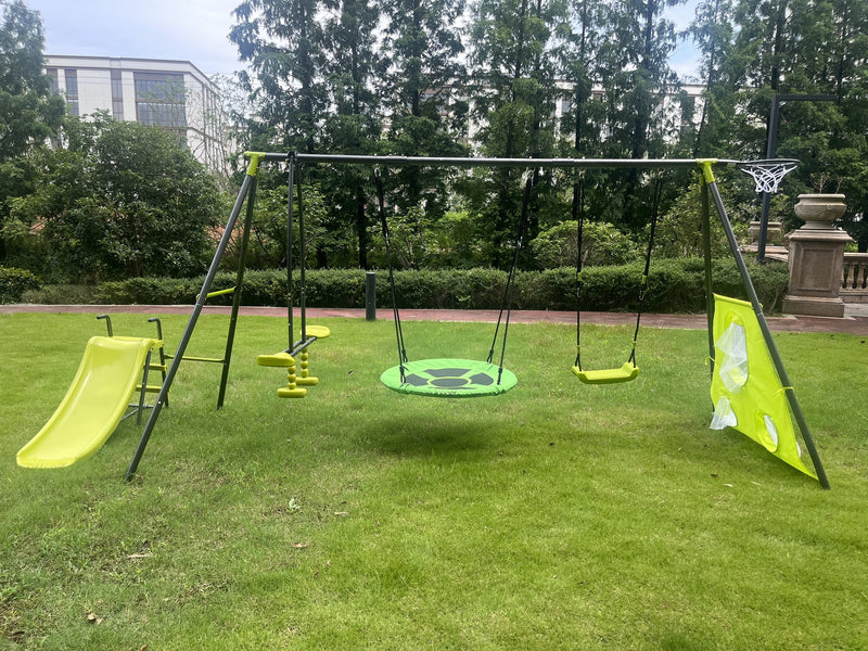 Load image into Gallery viewer, Six-Function Green and Blue Metal and Plastic Swingset with Net Swing

