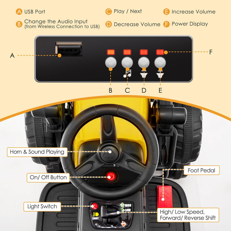 Load image into Gallery viewer, 12V Electric Tractor for Kids with Remote Control, Music, and LED Lights - Yellow
