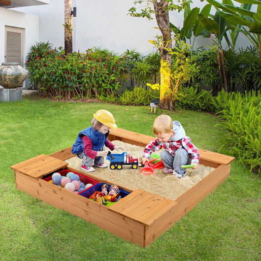 Multi-Functional Wooden Sandbox with Bench Seats and Storage Boxes for Kids