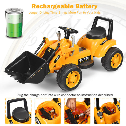 6V Battery Powered Kids Excavator Digger Tractor with Digging Bucket - Yellow