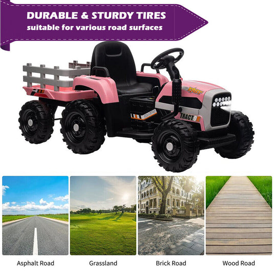 Electric Pink Tractor and Trailer Ride-On Toy for Toddlers (12V)