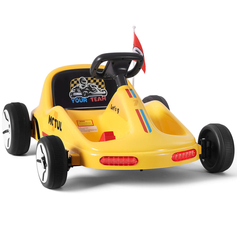 Load image into Gallery viewer, Yellow 12V Battery-Powered Kids Electric Ride-On Go-Kart with 3 Speeds, Music, and Remote Control
