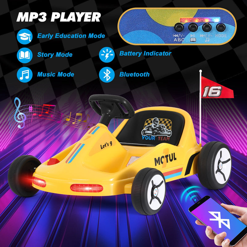 Load image into Gallery viewer, Yellow 12V Battery-Powered Kids Electric Ride-On Go-Kart with 3 Speeds, Music, and Remote Control
