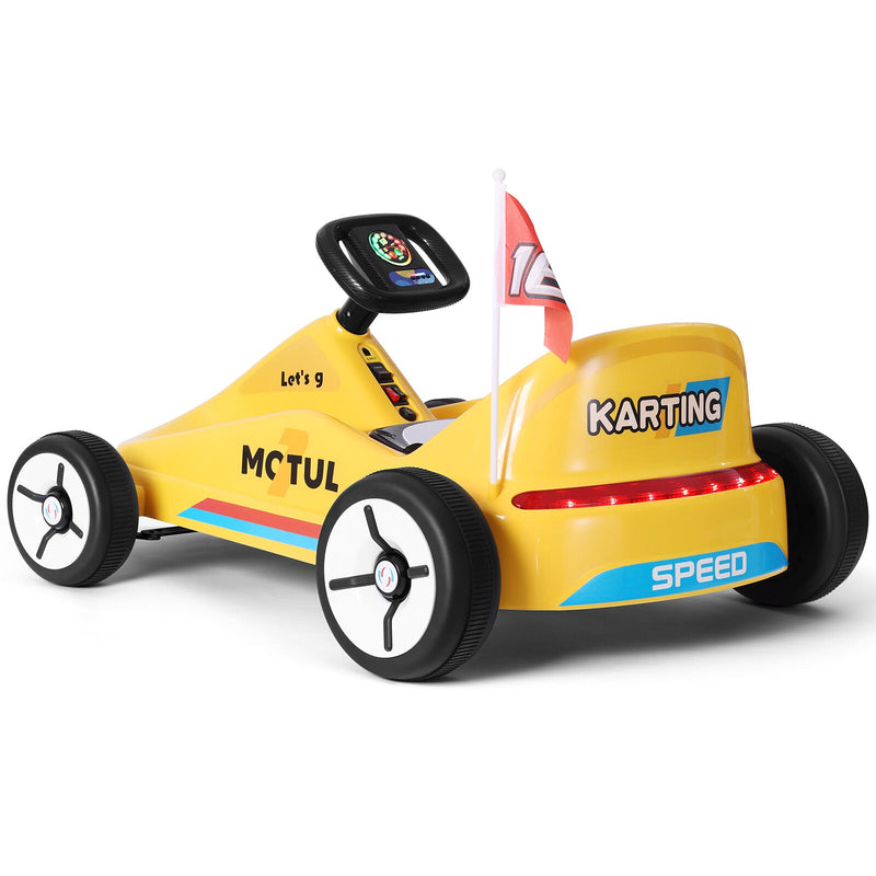 Load image into Gallery viewer, Yellow 12V Battery-Powered Kids Electric Ride-On Go-Kart with 3 Speeds, Music, and Remote Control
