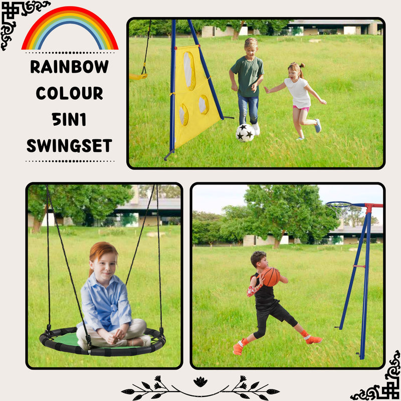 Load image into Gallery viewer, 5-in-1 Rainbow Color Swingset with Textilene Swing and Tree Design
