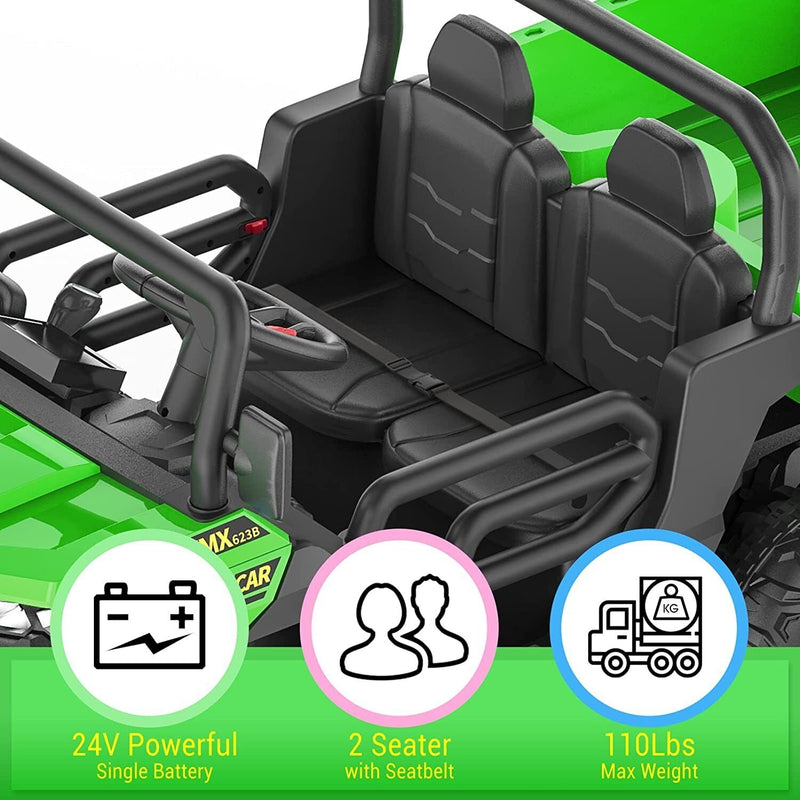 Load image into Gallery viewer, Green 2-Seat Dump Truck Ride-On Toy with 24V Battery Power and 6 Wheels for Kids
