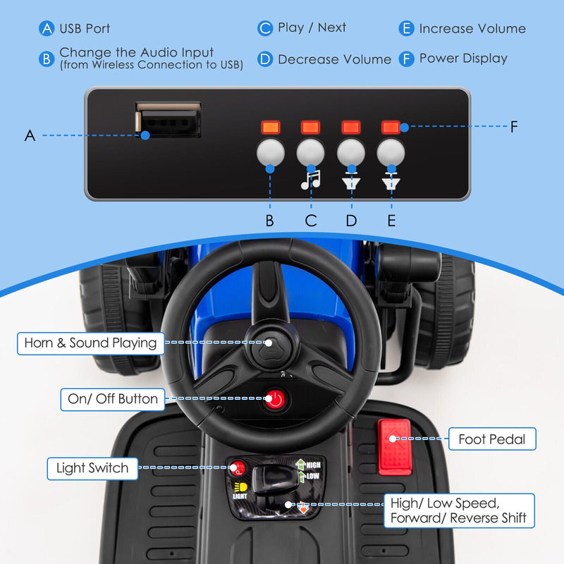 Load image into Gallery viewer, 12V Electric Tractor with Remote Control, LED Lights, and Music for Kids - Blue
