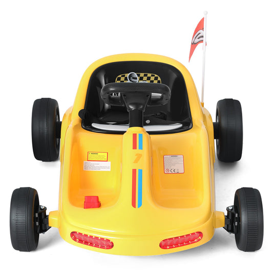 Yellow 12V Battery-Powered Kids Electric Ride-On Go-Kart with 3 Speeds, Music, and Remote Control