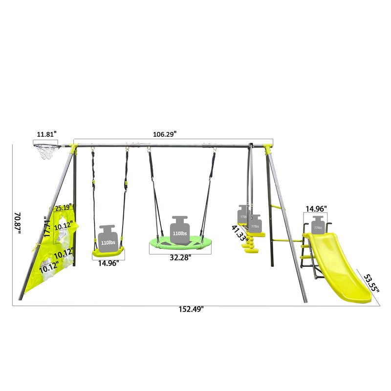 Load image into Gallery viewer, Six-Function Green and Blue Metal and Plastic Swingset with Net Swing
