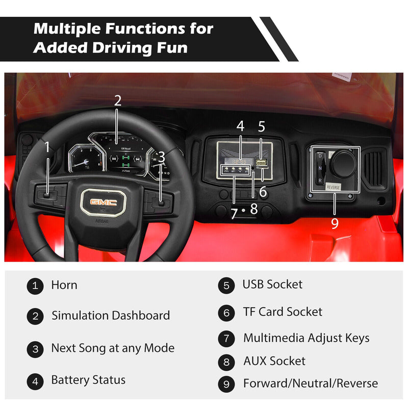 Load image into Gallery viewer, Licensed GMC 2-Seater Kids Ride On Truck with RC Control and Storage Box - Red
