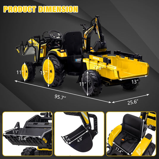 24V Electric Ride-On Tractor with Excavator, Trailer, and Digger Attachments