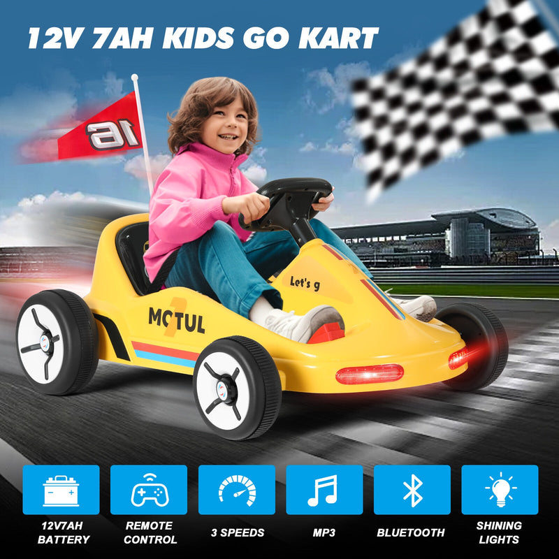 Load image into Gallery viewer, Yellow 12V Battery-Powered Kids Electric Ride-On Go-Kart with 3 Speeds, Music, and Remote Control
