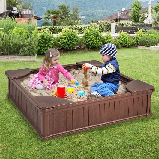 Brown Outdoor Sandbox with Oxford Cover and 4 Corner Seats for Kids