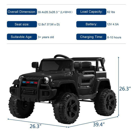 Electric 12V Black Kids Ride-On Truck with 2.4G Remote Control and 3 Speed Modes