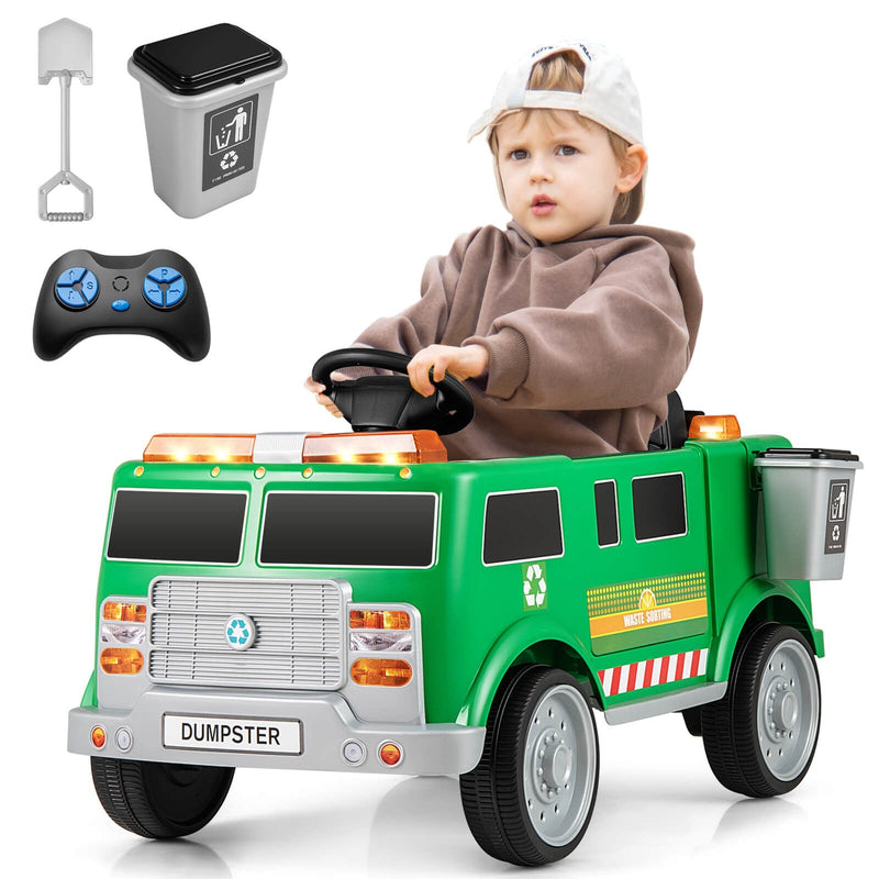 Load image into Gallery viewer, Remote Control Ride-On Garbage Truck with Trash Bin, Shovel, Lights, and Sound Effects
