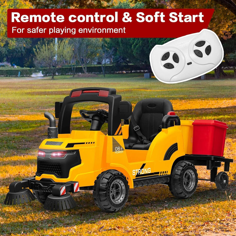 Load image into Gallery viewer, 12V Kids Ride-On Construction Sweeper Truck with Trailer and Rubbish Bin Toy Car

