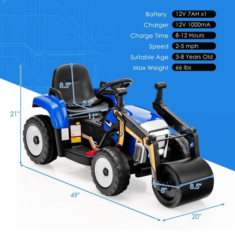 Load image into Gallery viewer, 12V Electric Tractor for Kids with Remote Control, Music, and LED Lights - Blue
