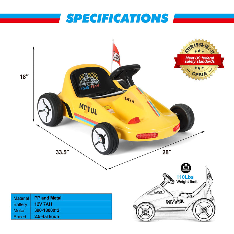 Load image into Gallery viewer, Yellow 12V Battery-Powered Kids Electric Ride-On Go-Kart with 3 Speeds, Music, and Remote Control
