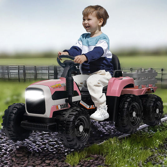 Electric Pink Tractor and Trailer Ride-On Toy for Toddlers (12V)
