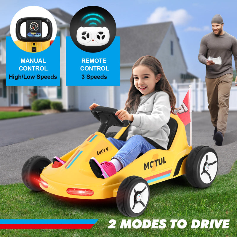 Load image into Gallery viewer, Yellow 12V Battery-Powered Kids Electric Ride-On Go-Kart with 3 Speeds, Music, and Remote Control
