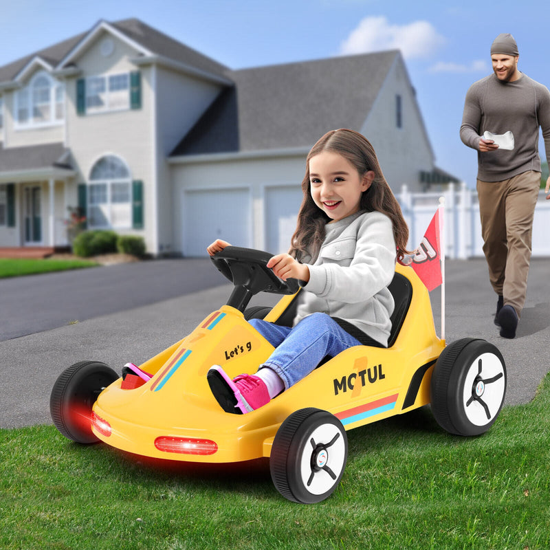 Load image into Gallery viewer, Yellow 12V Battery-Powered Kids Electric Ride-On Go-Kart with 3 Speeds, Music, and Remote Control
