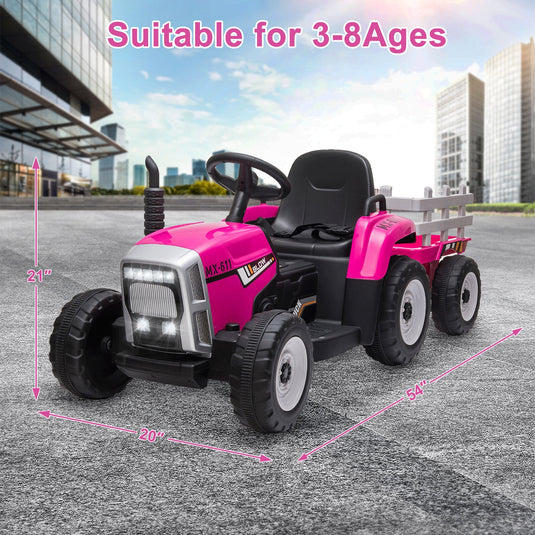 12V Battery-Powered Electric Ride-On Tractor Toy with Trailer and Remote Control
