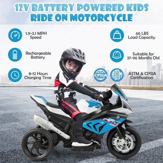 Blue 3-Wheel Electric Ride-On Motorcycle for Kids with Light and Music - 12V, Ages 3-6