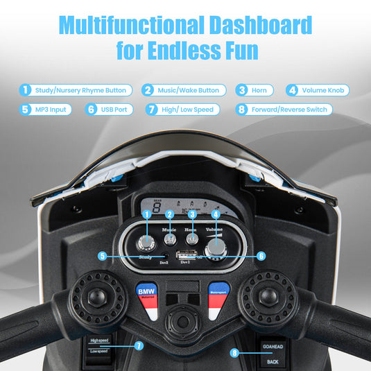 Electric Ride-On Motorcycle for Kids with LED Headlights and Non-Slip Wheels - White