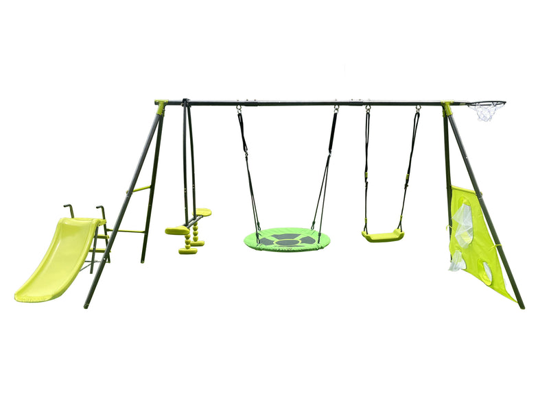 Load image into Gallery viewer, Six-Function Green and Blue Metal and Plastic Swingset with Net Swing
