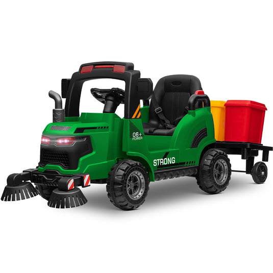 12V Kids Ride-On Construction Sweeper Truck with Trailer and Rubbish Bin Toy Car