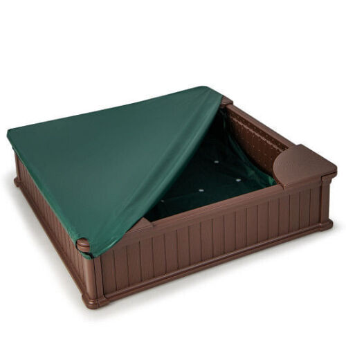 Brown Outdoor Sandbox with Oxford Cover and 4 Corner Seats for Kids